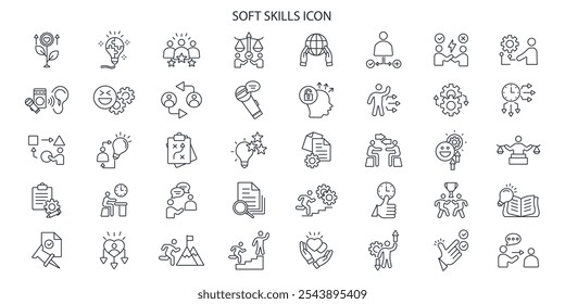 Conjunto de iconos de habilidades suaves. Vector. Trazo editable. Signo de estilo lineal para uso Diseño web, logotipo. Ilustración de símbolo.
