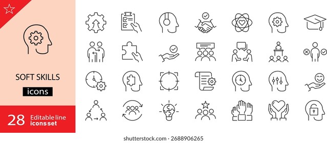 Ícones de habilidades suaves definidos. Inclui símbolos de comunicação, trabalho em equipe, liderança, resolução de problemas, criatividade e adaptabilidade. Traçado editável. Ilustração vetorial. Contornar ícones. Perfeito para os negócios