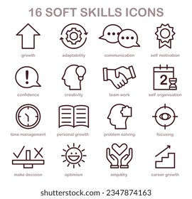 Iconos de habilidades suaves. Crecimiento de competencias profesionales. Imágenes lineales simples para el desarrollo personal. Autoeducación y mejora. Ilustración vectorial plana