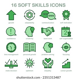Soft skills icons set. Professional competences growth. Simple linear images for personal development. Self-education and improvement. Flat vector illustration