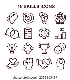 Soft skills icons set. Professional competences growth. Simple linear images for personal development. Self-education and improvement. Flat vector illustration