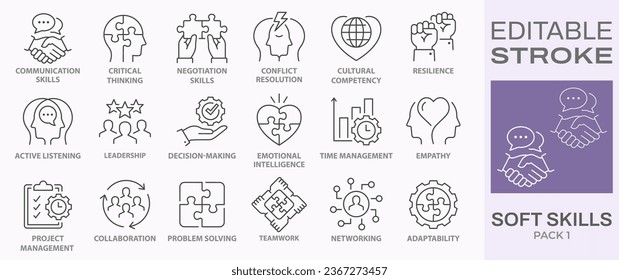 Soft skills icons, such as leadership, teamwork, problem solving, empathy and more. Editable stroke.