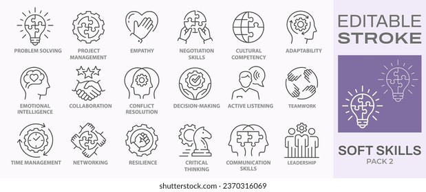 Soft skills icons, such as leadership, teamwork, problem solving, time management and more. Editable stroke.