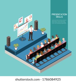 Soft skills isometric colored concept with presentation skills description and office meeting vector illustration