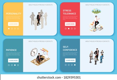 Soft skills isometric colored concept banner or landing set with personality stress tolerance patience self confidence descriptions and learn more button vector illustration