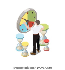 Soft skills isometric concept composition with character of worker surrounded by clock and sand glasses vector illustration