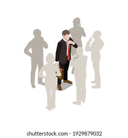 Soft skills isometric concept composition with character of businessman surrounded by silhouettes of employees vector illustration