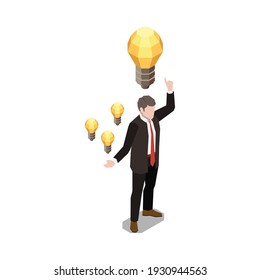 Soft skills isometric concept composition with character of businessman surrounded by icons of lamp bulbs vector illustration