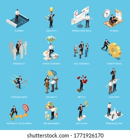 Soft skills isometric concept icon set with planning creativity presentation skills patience personality stress tolerance and other descriptions vector illustration