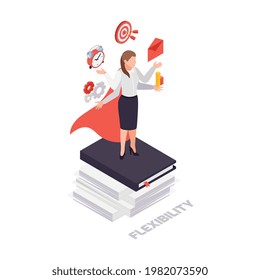 Icono de concepto isométrico de habilidades blandas con ilustración vectorial de carácter empresarial femenina