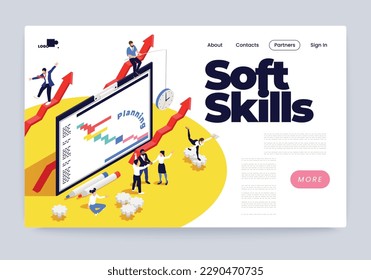 Soft skills isometric horizontal web banner with people creating strategic plan vector illustration