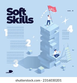 Soft skills isometric infographic poster template with human characters on color background vector illustration