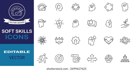 Conjunto de iconos editables de línea de habilidades suaves. Conjunto de 24 iconos relacionados con la creatividad, la empatía, la gestión del tiempo, el trabajo en equipo, el liderazgo, la resolución de problemas, la crítica y más. Habilidades suaves iconos editables pixel perfecto.