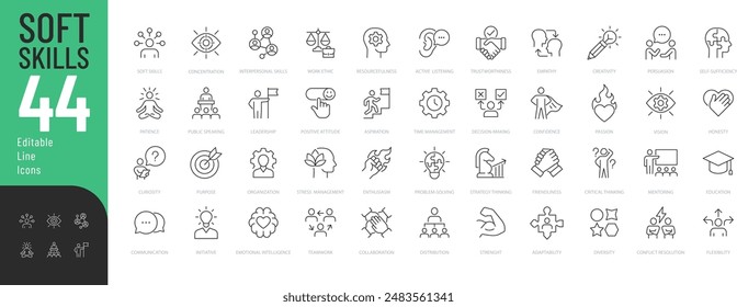 
Soft Skills Line Editierbare Symbole gesetzt. Vektorillustration im modernen dünnen Linienstil von persönlichen Qualitäten verwandte Icons: Empathie, Enthusiasmus, Selbstvertrauen und mehr. 