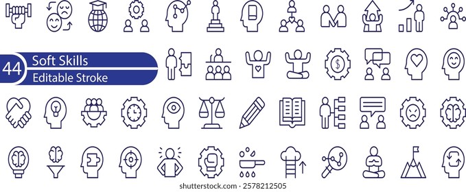 Soft Skills Line Editable Icons set. Vector illustration in modern thin line style of personal qualities related icons , empathy, enthusiasm, confidence, and more.