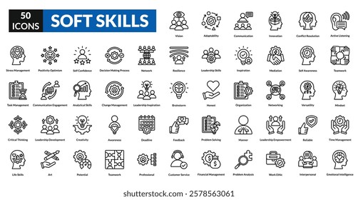 soft skills line icon set collection. Active Listening, teamwork, Mindset, Time Management, Emotional Intelligence, Vision, Adaptability, Communication, innovation, Conflict Resolution
