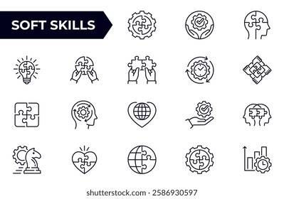 Soft skills line icon set, such as leadership, teamwork, problem solving, empathy and more. Editable stroke.