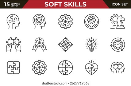 Conjunto de ícones de linha de habilidades suaves, como liderança, trabalho em equipe, resolução de problemas, empatia e muito mais. Traçado editável.