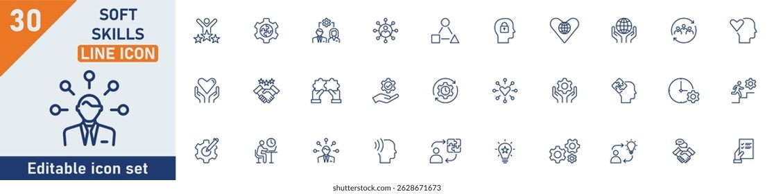 Soft skills line icon set. Set of 30 outline icons related to interpersonal skill, emotional intelligence, teamwork, mindset, problem solving, vision and others. Editable stroke. Vector illustration.