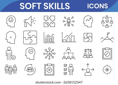 Soft skills line icon set – Includes communication, teamwork, leadership, creativity and adaptability.  Vector illustration.