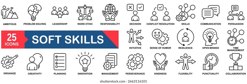 Soft skills line icon set. Containing communication, teamwork, empathy, leadership, problem-solving, creativity, time management and work ethics icons.