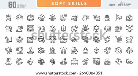 Soft Skills line icon set. Skills, leadership, communication, creativity, empathy, self-motivation, problem solving, enthusiasm, confidence, growth, teamwork line icon set. UI thin line icon pack.