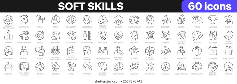 Coleção de ícones de linha de habilidades flexíveis. Líder, otimismo, honestidade, flexibilidade, ícones emocionais. Ícone de IU definido. Pacote fino de ícones de estrutura de tópicos. Ilustração vetorial EPS10