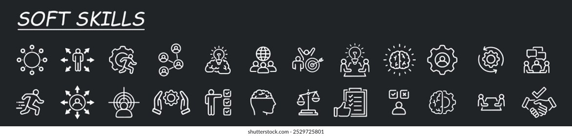 Soft skills line icons set. Includes leadership, active listening, communication, target, core values, and more.