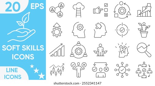 soft skills. Linear icon collection. Editable stroke.Soft skills line icon set. Containing communication, teamwork, empathy, time management and work ethics icons.