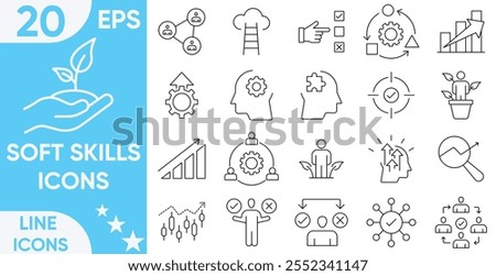 soft skills. Linear icon collection. Editable stroke.Soft skills line icon set. Containing communication, teamwork, empathy, time management and work ethics icons.