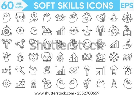 soft skills. Linear icon collection. Editable stroke.Soft skills line icon set. Containing communication, teamwork, empathy, time management and work ethics icons.