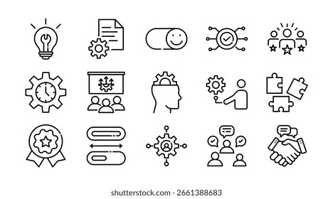 Conjunto de ícones lineares de habilidades suaves. Comunicação, trabalho em equipe, liderança, empatia, resolução de problemas, gerenciamento de tempo, adaptabilidade, criatividade e desenvolvimento pessoal conjunto de ícones vetoriais. Pacote de linha fina de interface do usuário