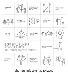 Soft skills linear vector icons and pictograms set of human skills in business and teamwork black on white background