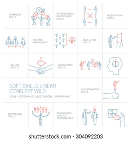 Soft skills linear vector icons and pictograms set of human skills in business and teamwork blue and red on white background