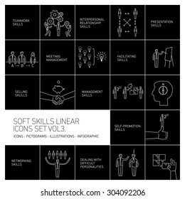Soft skills linear vector icons and pictograms set of human skills in business and teamwork white on black background