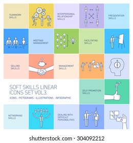 Soft skills linear vector icons and pictograms set of human skills in business and teamwork on colorful background