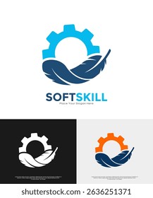 Soft skills logo vector design. Solid vector symbols on the topics of problem solving, adaptability, teamwork, thinking skills, leadership