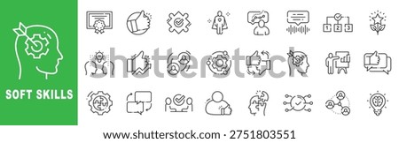 Soft skills outline icon set featuring communication, teamwork, leadership, emotional intelligence, problem solving, adaptability and career development in editable stroke line design
