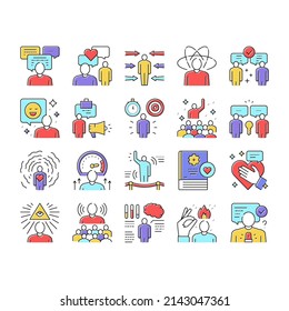 Los Iconos De La Colección De Personas Con Habilidades Blancas Configuran El Vector. Creatividad Y Toma De Decisiones, Comprensión Del Lenguaje Corporal Y Aprendizaje, Grado De Conocimientos Lineales. Ilustraciones de color de contorno