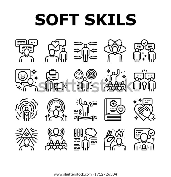 Soft Skills People Collection Icons\
Set Vector. Creativity And Decision Making, Understanding Body\
Language And Learning, Soft Skills Black Contour\
Illustrations