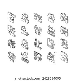 Conjunto de iconos isométricos de la colección de personas de habilidades suaves. Creatividad Y Toma De Decisiones, Comprensión Del Lenguaje Corporal Y Aprendizaje, Concepto De Habilidades Blandas, Pictogramas Lineales. Color de contorno .