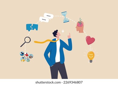 Soft skills or personal attribute to be success, confident businessman with elements of soft skills, networking, empathy, time management or communication skill, problem solving and creativity. - Shutterstock ID 2269346807