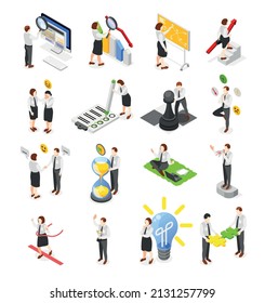 Soft skills personal development isometric icons set with business characters planning achieving goals communicating 3d isolated vector illustration