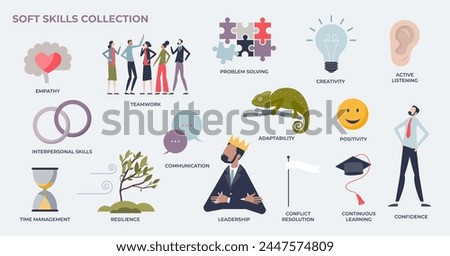 Soft skills or personality characteristics for effective leadership tiny person collection set. Elements with ability for successful communication, social adaptability and empathy vector illustration