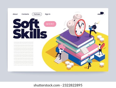 Soft skills planning time management communication empathy isometric web page banner vector illustration