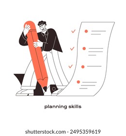 Soft skills: planning and time management. Self organization concept. Ability of employee, office worker's competence. Person with task list, pencil. Flat isolated outline vector illustration on white