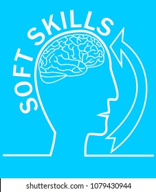 Soft skills presentation template with human head outline silhouette, brain, arrow, on trendy light blue background.