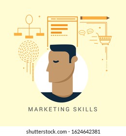 Soft skills presentation template with human head outline silhouette brain arrow technical terms in callous