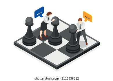 Soft Skills Problem Solving Concept Isometric Composition With Two People Moving Chess Pieces 3d Vector Illustration