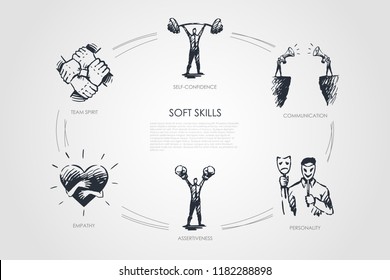 Soft skills, self-confidence, personality, assertiveness, team spirit vector set